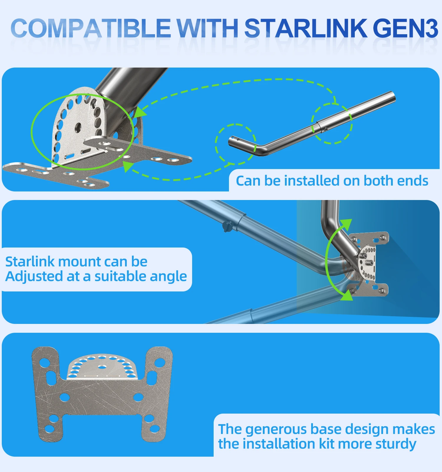 Starlink 지붕 마운트용 스테인레스 및 Starlink Gen 3용 스테인레스 스틸 베이스 세트 및 V3 스테인레스 스틸 원형 튜브 베이스용