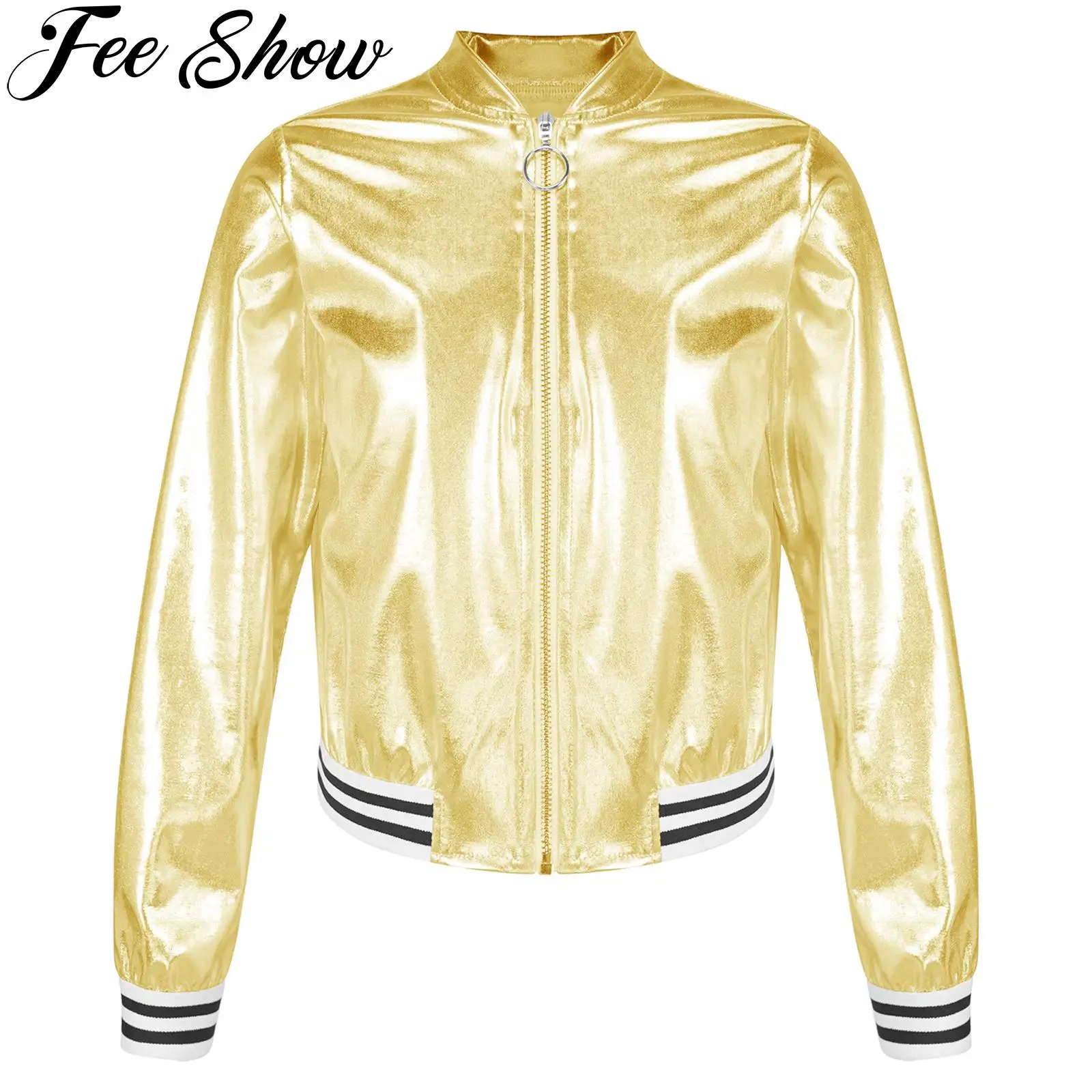 

Kids Girls Boys Shiny Metallic Baseball Jacket Long Sleeve Casual Sports Bomber Jackets Jazz Hip-hop Street Dance Coats Outwear