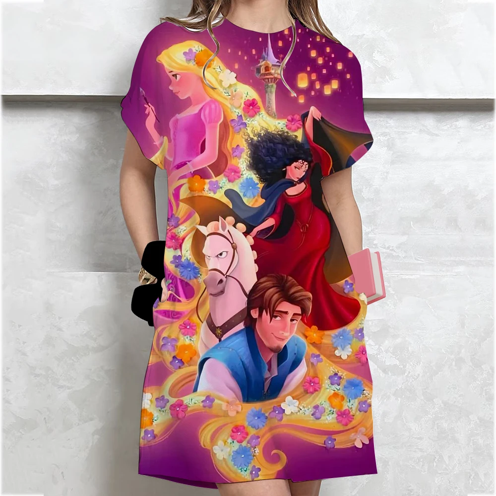 2025 Disney Princess Women's T-shirt Dress Loose Casual Printed O-neck Women's Short sleeved Hoodie Women's Clothing