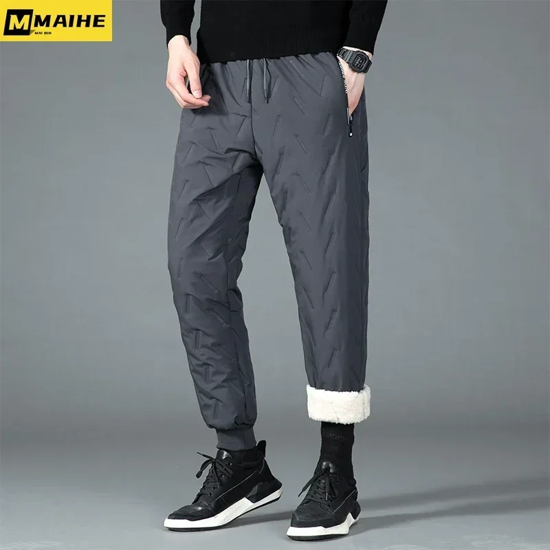 Winter Lamb Fleece Cotton Pants Men\'s Thickened Warm Elastic Waist Padded Pants Casual Sportswear Jogging Pants Men\'s plus size