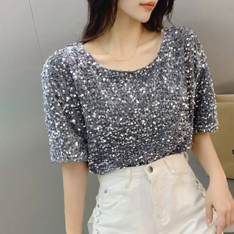 Casual Streetwear Short Sleeve Sexy Crop Tops Elegant Lady T-Shirts O-Neck Blusa Women Fashion Party Glitter Sequin Shirt