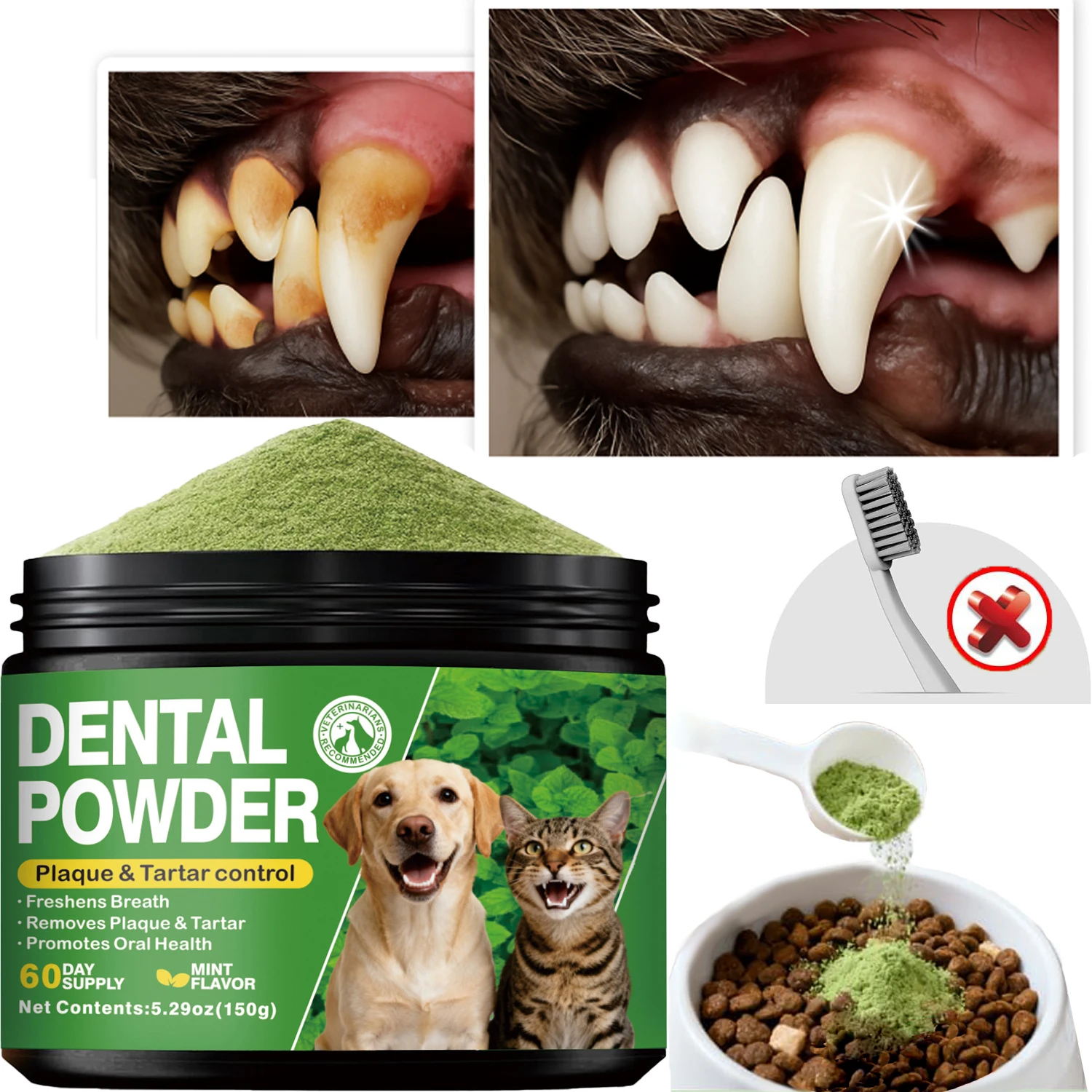 Pó Dental para Animais de Estimação para Limpeza dos Dentes e Remoção de Placa - Refrescante de Hálito para Gatos e Cães - Removedor de Placa e Tártaro para Cuidados Orais