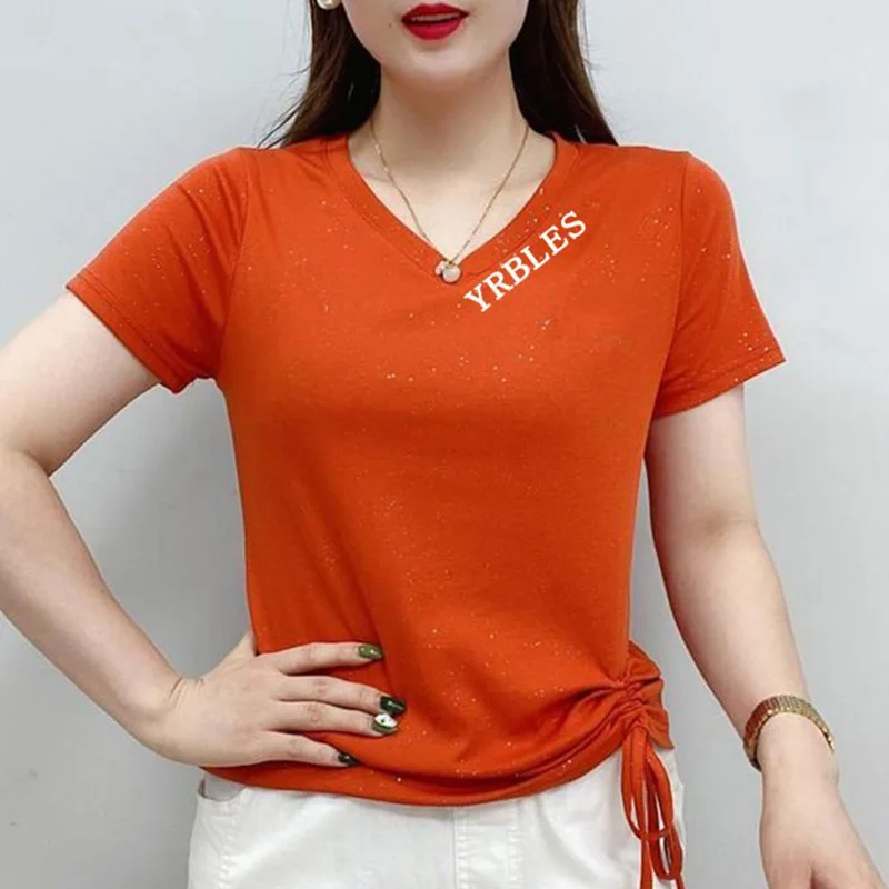 Fashion V-Neck Loose Letter Shirring Bandage Bow Blouse Female Clothing 2023 Summer New Casual Pullovers Tops Asymmetrical Shirt