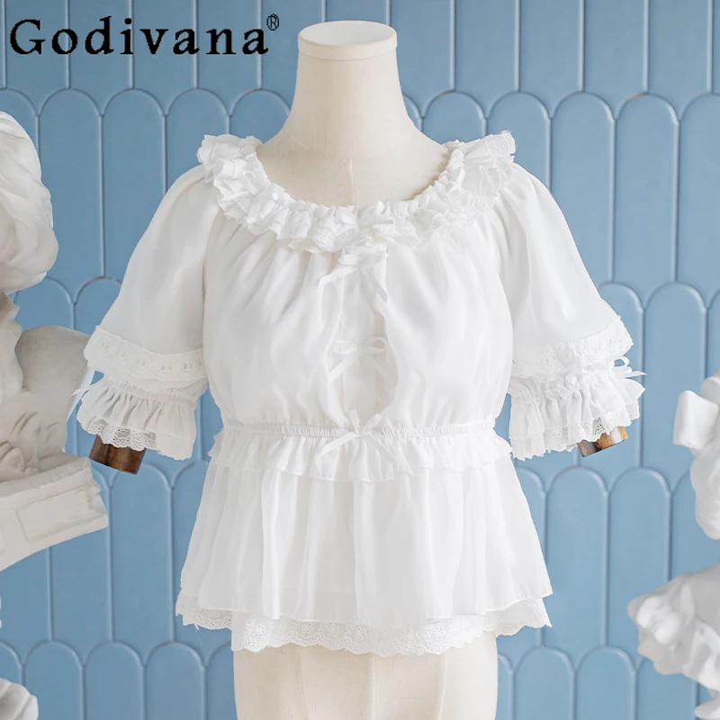 

2025 Elegant Sexy Lace Lolita Short Sleeve Classic Crew Neck Shirt Girls Summer new Sweet Bow Cute Age Reduction Versatile Top
