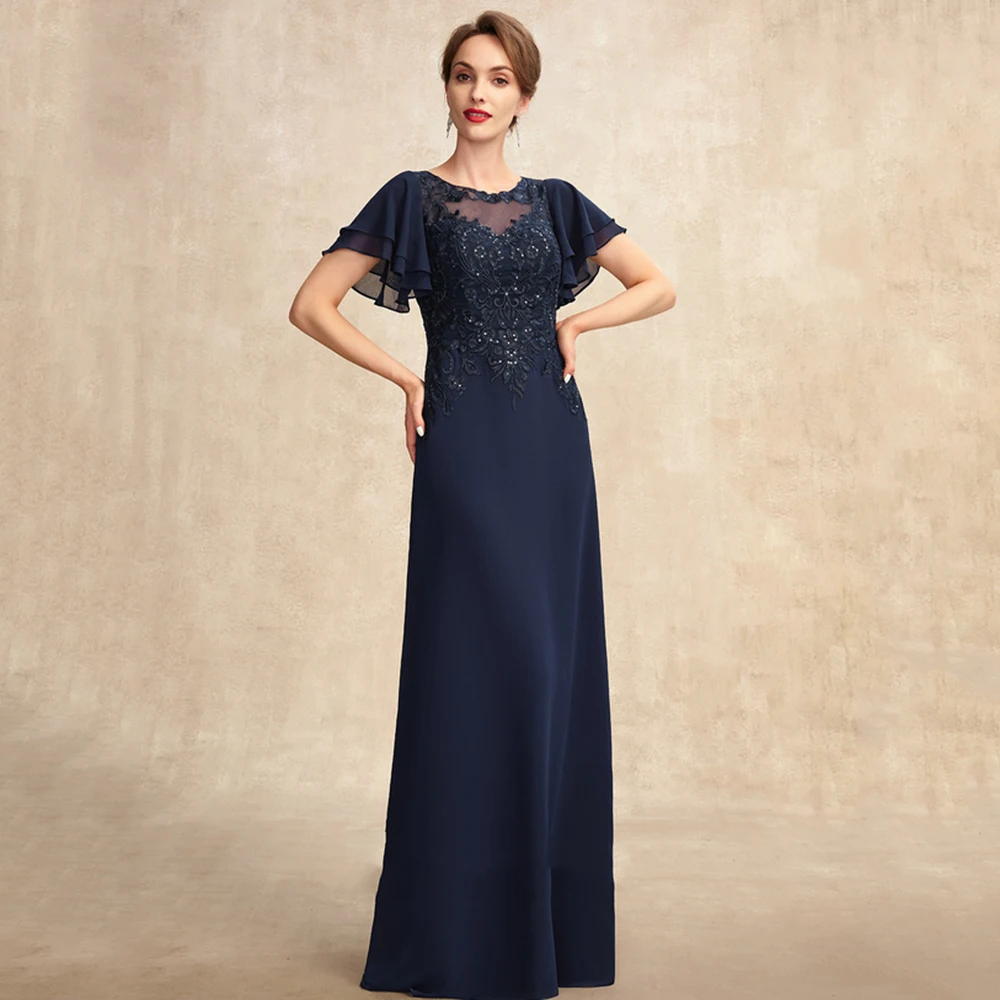 

O-Neck Wide-waisted Navy Bule Mother of the Bride Dresses Lace Appliques Sequined Ruffles Chiffon Wedding Guest Gowns 2022