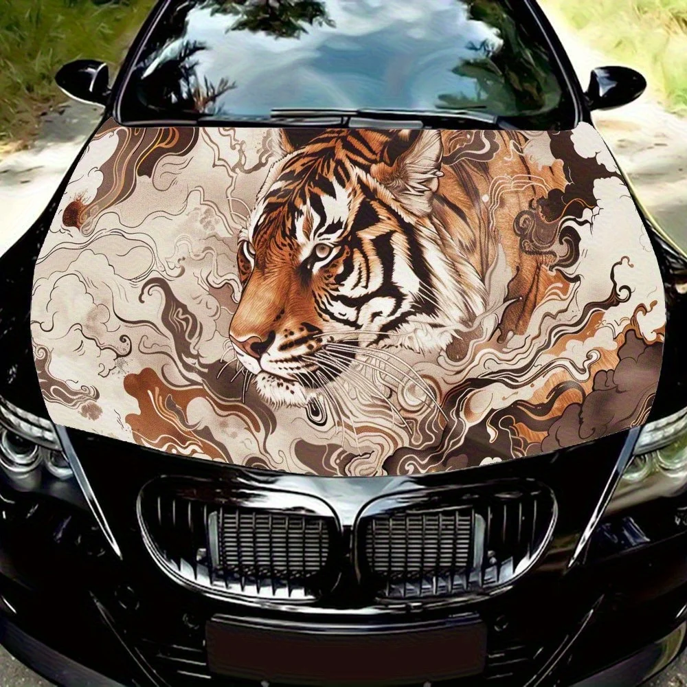 Pegatina con estampado de capó de tigre marrón rugiente estilo mitología oriental, pegatina con estampado de PVC impermeable y a prueba de sol, accesorio de piezas de automóvil