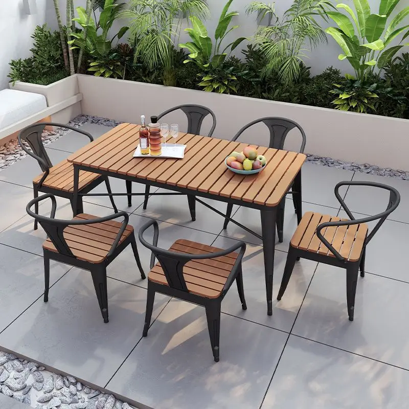 Outdoor Garden Table and Chair Combination Outdoor Outdoor BBQ Shop Table and Chair Rainproof Plastic Wood Balcony Table Leisure