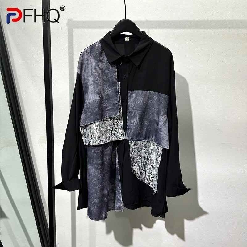 PFHQ Fashion Patchwork Shirts For Men\'s Turn-down Collar Long Sleeve Single Breasted Sports Comfortable Tops Chic Autumn 21F3676