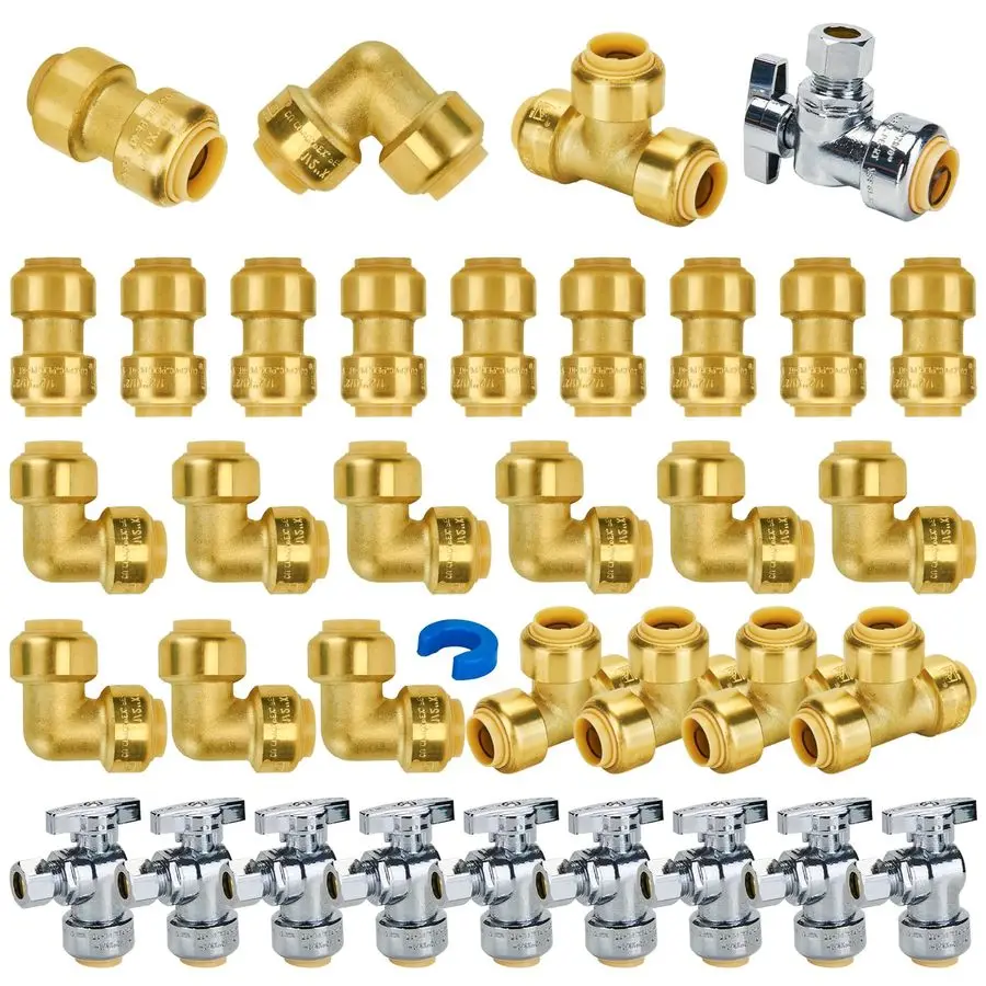 

Push Plumbing Fitting Kit 1 2 Inch, 10 Each Straight Coupling, Elbow, Angle Shut Off Valve, Tee 5 PCS, No Lead Brass Push to Con