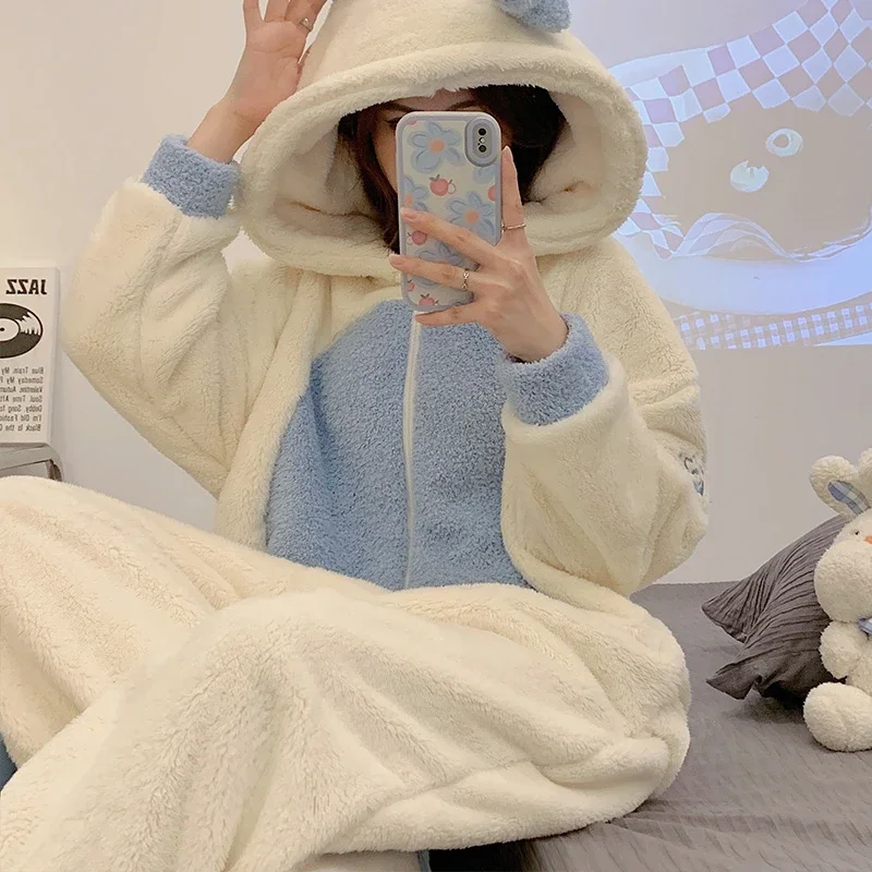 Winter Adult Kigurumis Women Pijama Onesie Jumpsuits Cartoon Sleepwear Pajama Thicken Hoodie Korean Girls Leisure Wear Pajamas