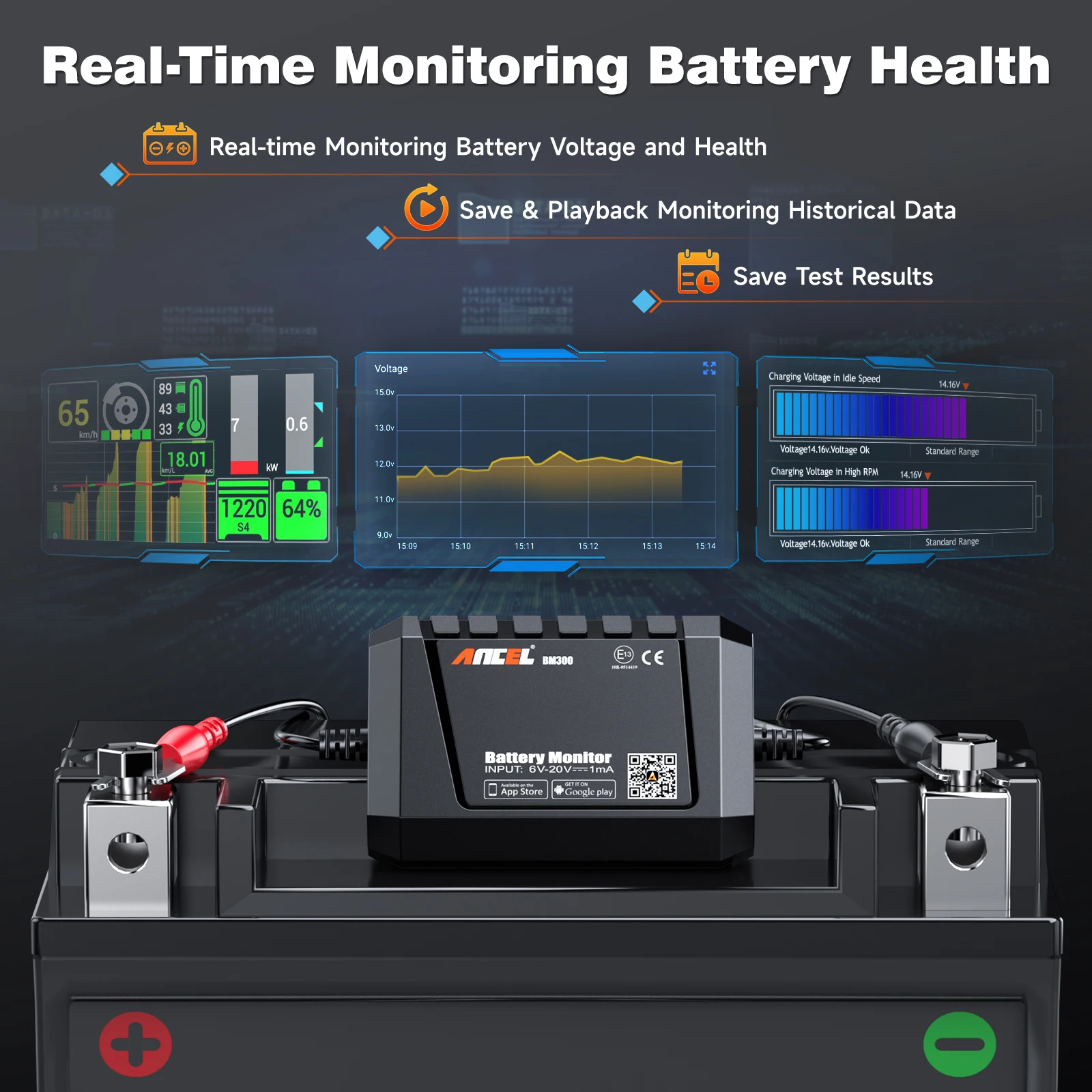 ANCEL BM300 12V Battery Tester Bluetooth Cranking System Charging Cranking Voltage Test Battery Monitor Battery Test For Android