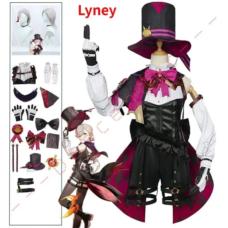 

Lyney cosplay impact costume wig Fontaine lyney leather uniform hat dress short hair skirt glove outfit tail magician