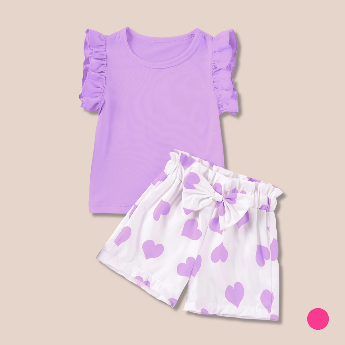 Summer Baby Girl Set, Solid Color Fly Sleeved Top with Heart Printed Bow Shorts, Showcasing The Liveliness and Cuteness of Girls