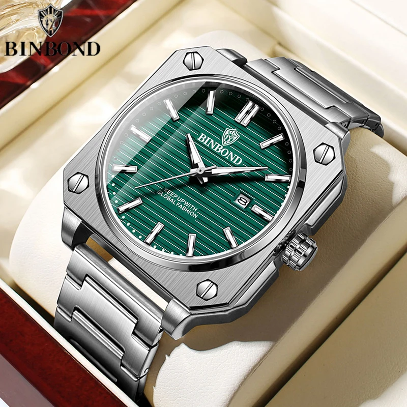 BINBOND B570 Luxury Square Business Men's Quartz Watch 30M Waterproof Luminous Calendar Stainless Steel Strap Fashion Men Watch