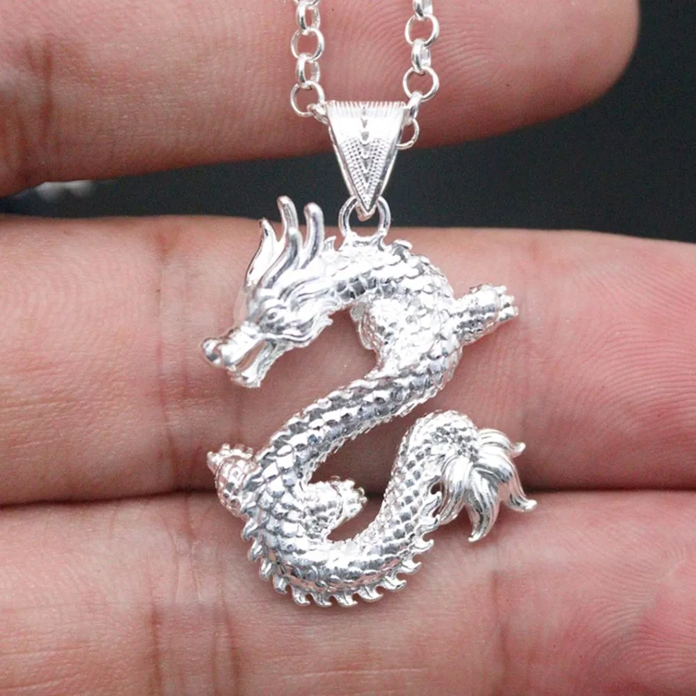 

Real Pure 999 Fine Silver Men Women Gift Lucky Carved Dragon Pendant 9-10g