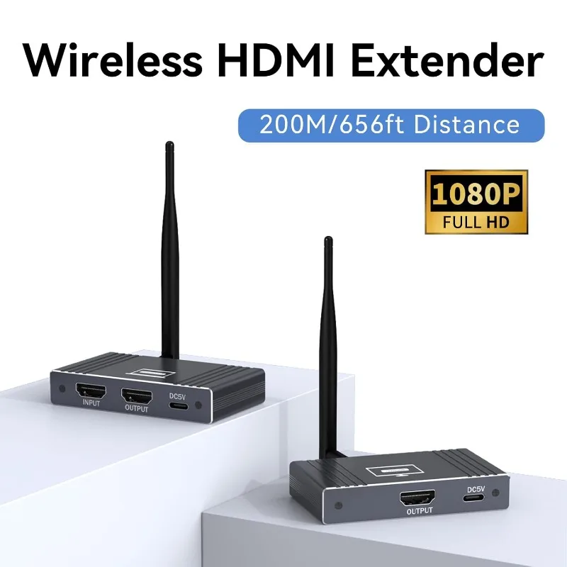 656ft 200M Wireless HD Extender Kit 5.8G/2.4G Dual Frequency Ultra-Low Latency 0.1s 1080P 60Hz 1RX to 8TX for PC/PS5/Projector