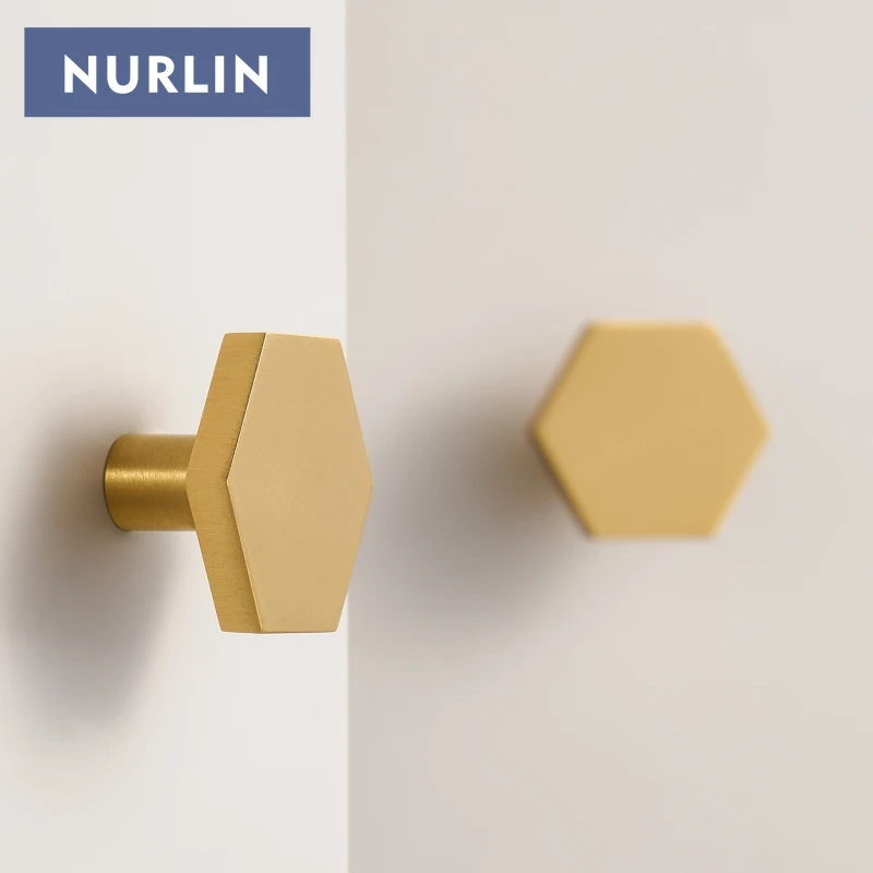Nurlin Solid Brass Hexagon Cabinet Knobs Wall Clothes Single Hook Furniture Wardrobe Door Drawer Handle Customizable