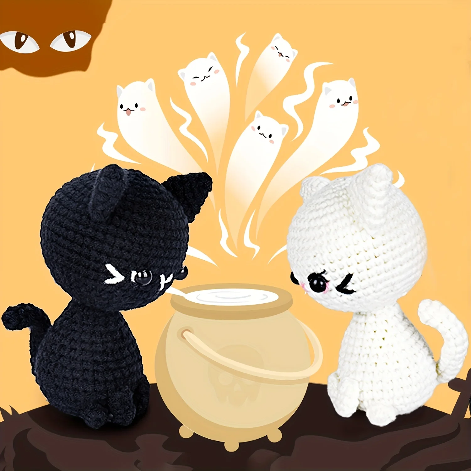 Black White Cat Amigurumi Halloween and Christmas Gifts, DIY Crochet Cats Kit, Crochet Kit Cat for Beginners, Crochet Kit Cat