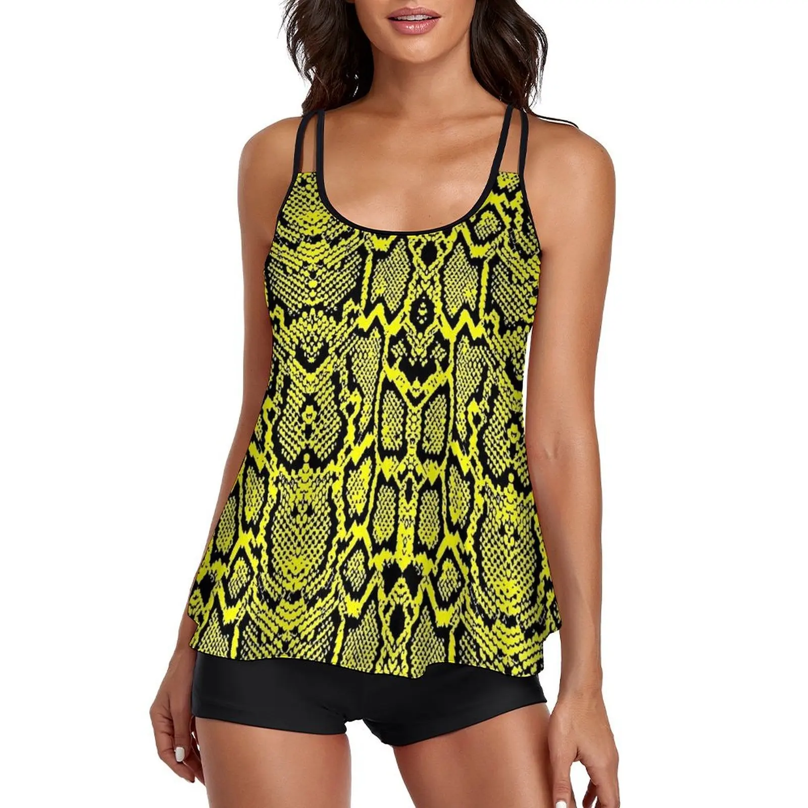 Yellow Snake Skin Print Tankini Swimsuit  Two Piece Beach Swimwear Female Stylish Swimsuits Custom Beach Outfits Plus Size