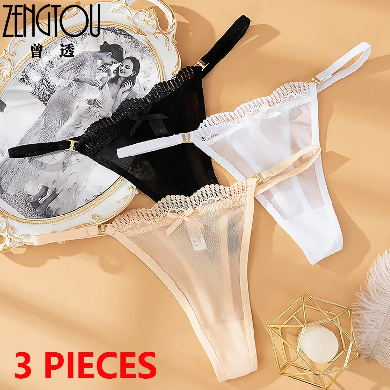 ZENGTOU 3PCS/set Sexy Girls Thongs Women Low Waist Panties Sexy Perspective Underpants Mesh G-string Seamless Bow Female Lingere