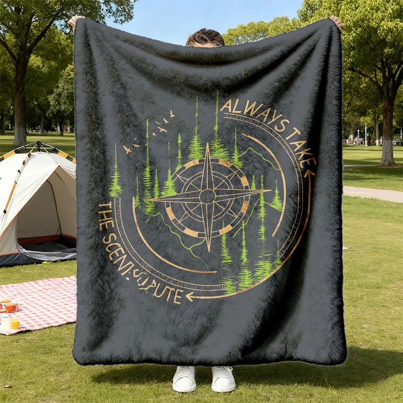 Always Take the Scenic Route Flannel Blanket, Compass Mountain Flannel Blanket, Hiking Adventure Flannel Blanket