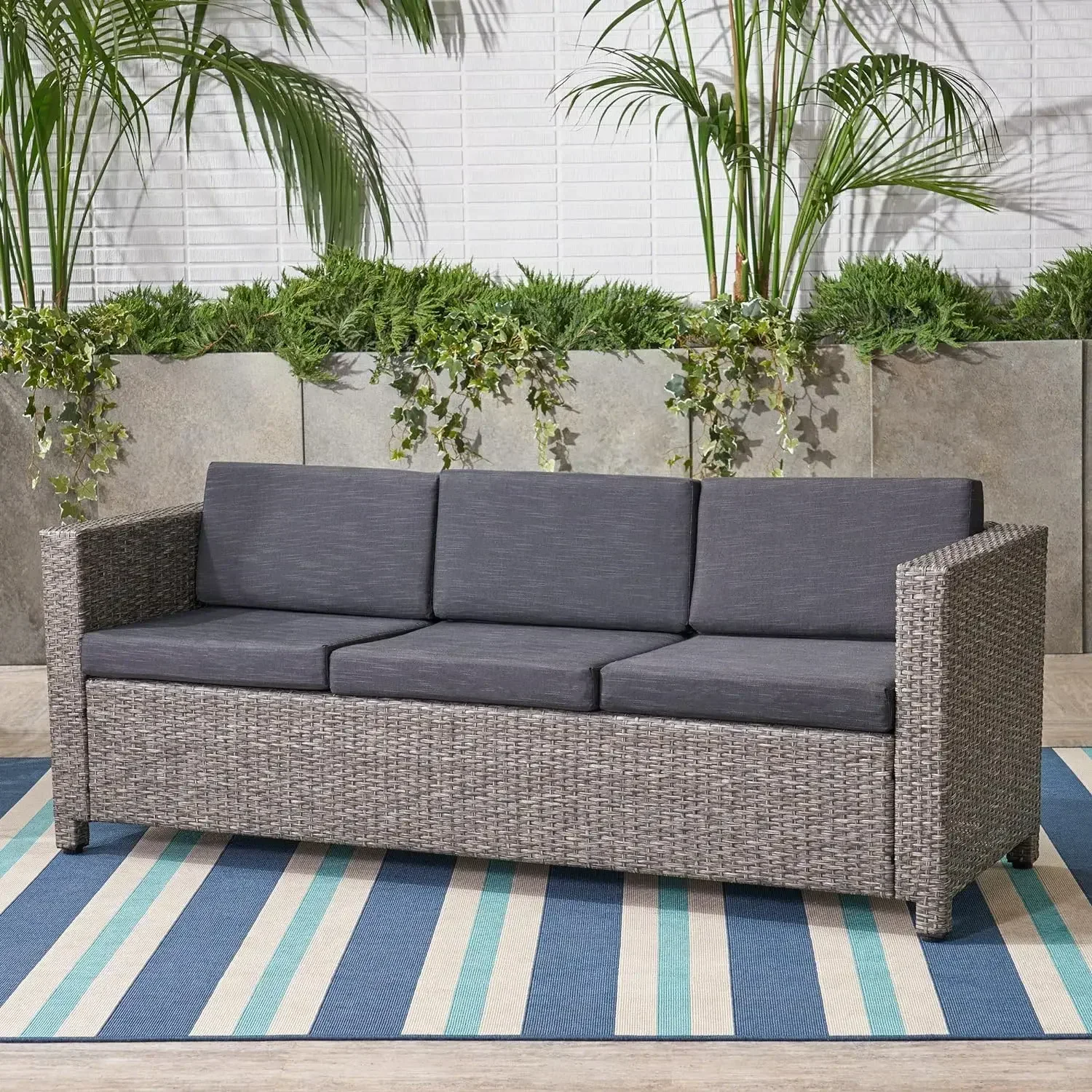 Puerta Outdoor Wicker 3-Sitzer Sofa, mischen schwarz/dunkel grau Kissen