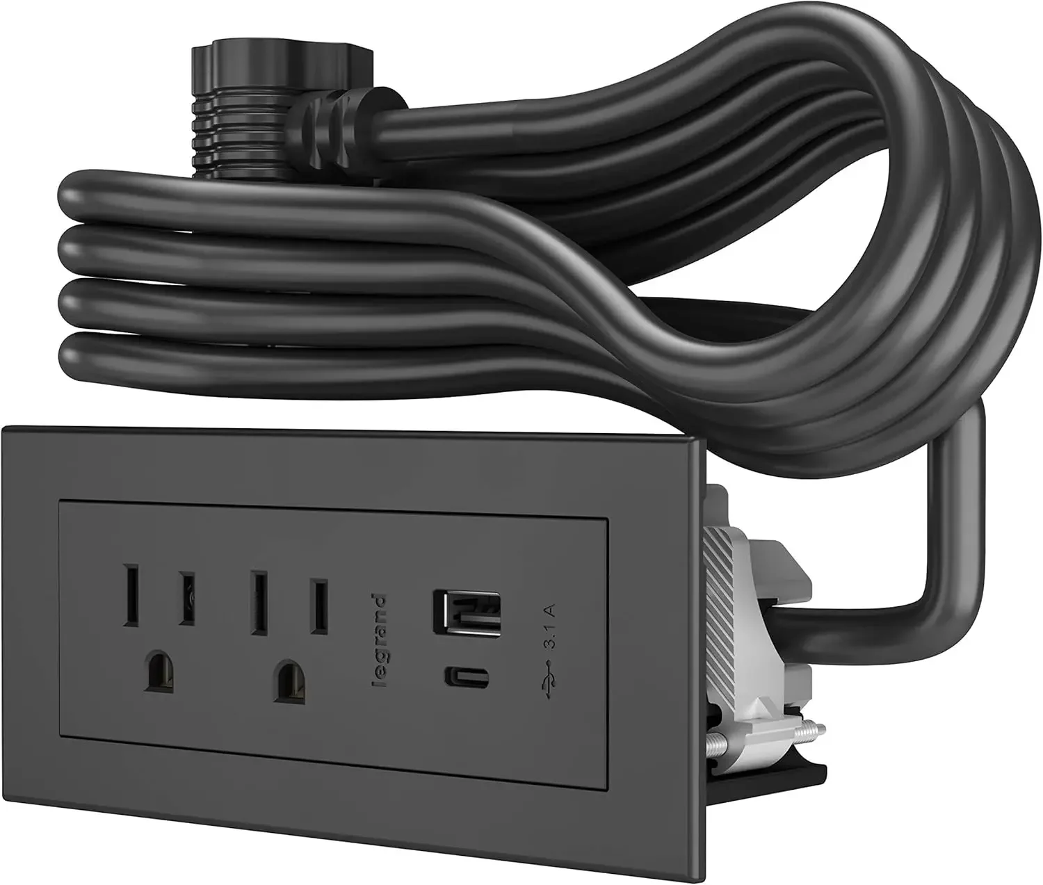 radiant Furniture Power Center with USB, Recessed Power Strip, 2 Outlets, Type A/C USB, 10 Foot Cord, Black