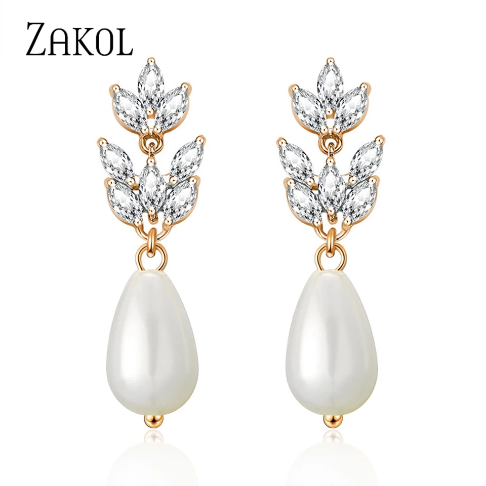 ZAKOL Klassische glänzende Zirkon Tropfen Imitation Perle Tropfen Ohrringe für Frauen Glamour Hochzeit Schmuck