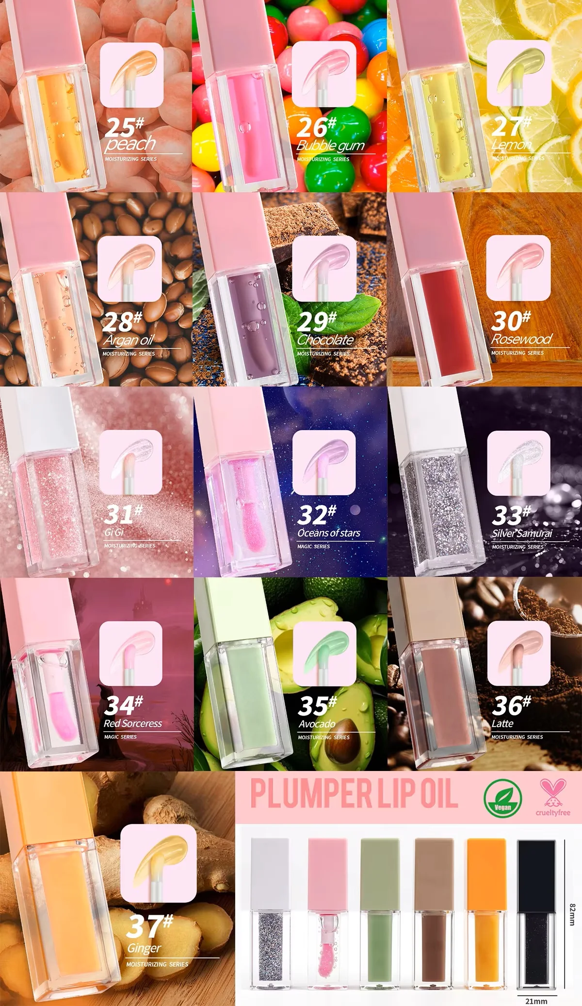 Brillo de labios hidratante natural, aceite brillante, rosa claro, marca privada, maquillaje vegano, Plumper, vitamina E, venta al por mayor