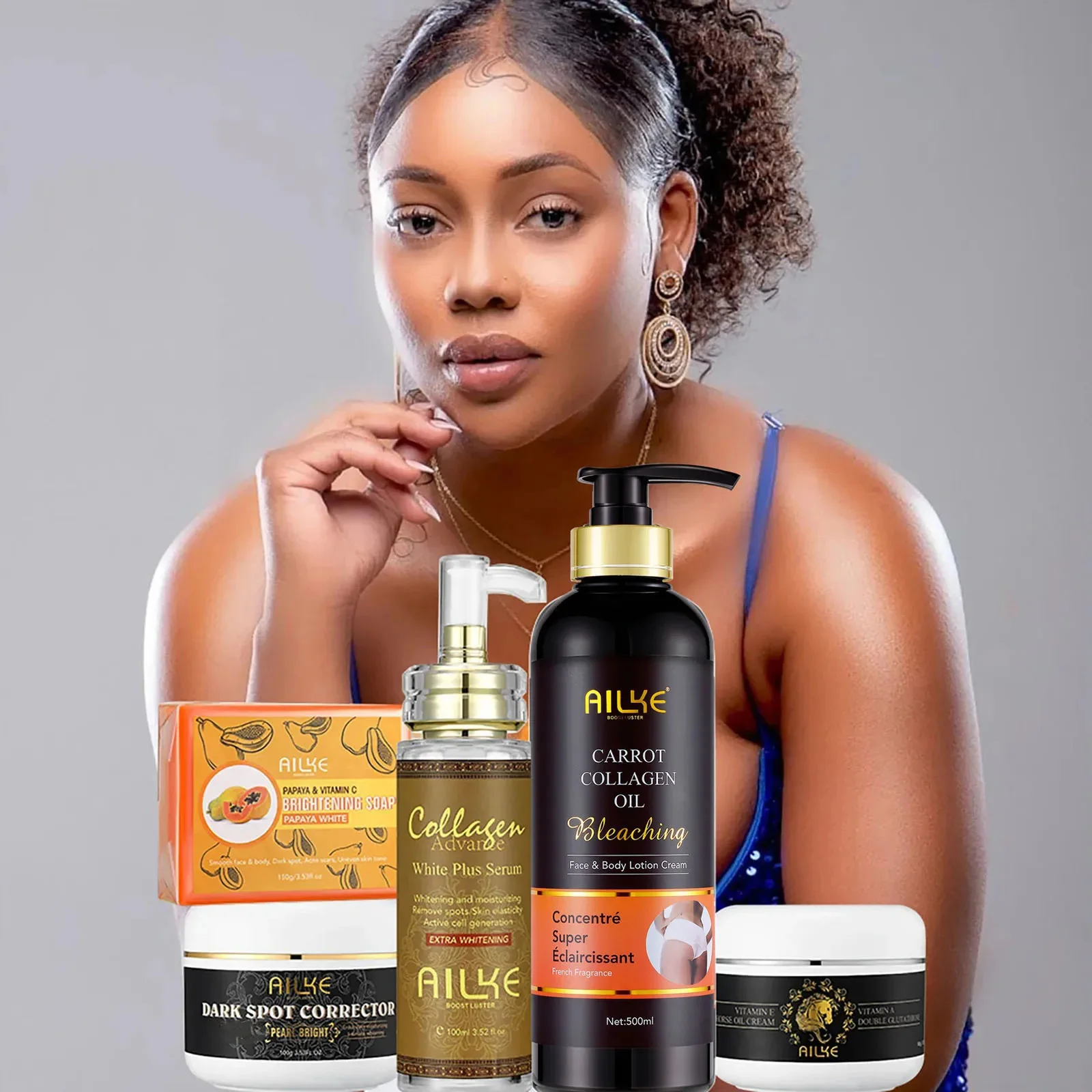 AILKE Ensemble de blanchiment au collagène pour tous les types de peau, éclaircissant, réduit les taches foncées, les taches de rousseur, l'hyperpigmentation, même le teint