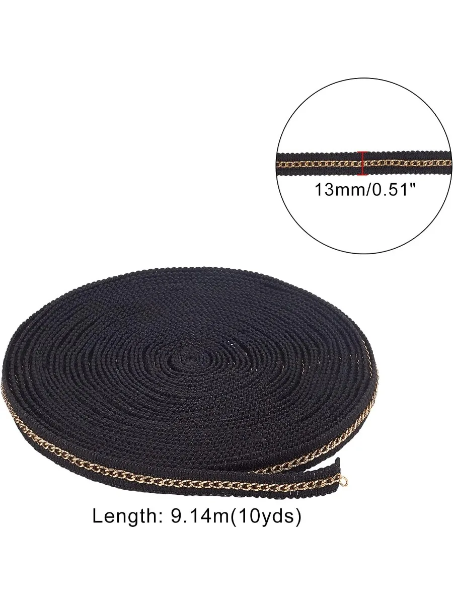 10 Yards Braid Trim Ribbon 1/2 Inch Black Sewing Trim with Metal Aluminum Chain Nylon Woven Trim for Costume Sewing