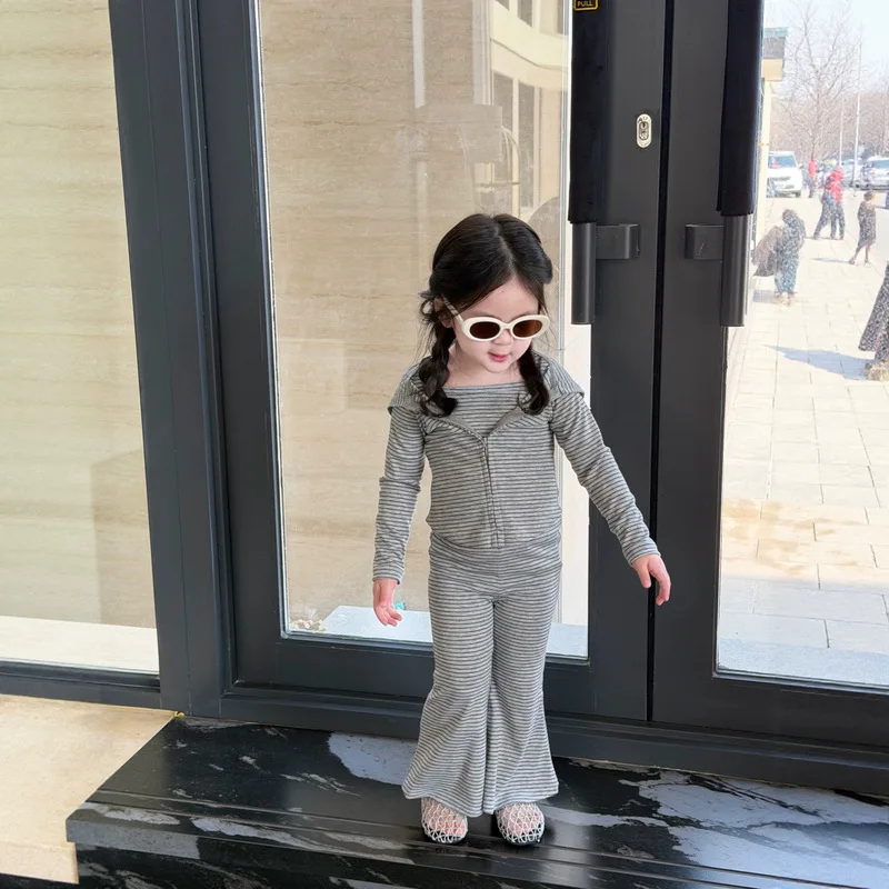 2026Autumn New Children's Clothing Girls' striped cardigan jacket and flared pants sports three-piece suit