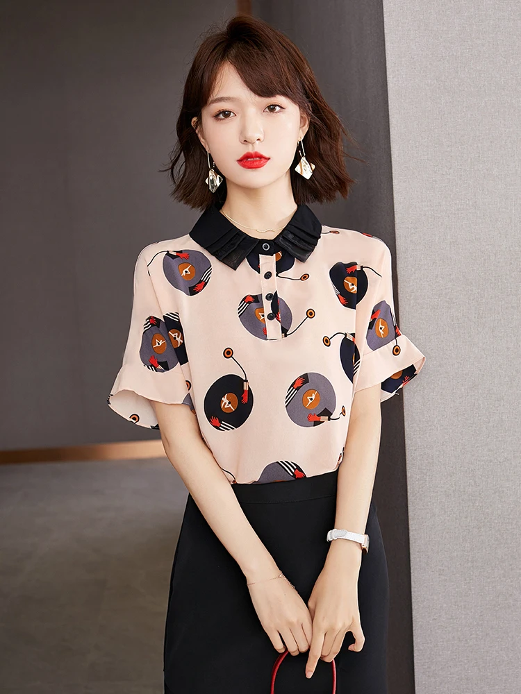 Women Casual Tops Summer New Retro Printing Short Sleeve T-shirt Shirt Lady Temperament Loose Chiffon Blouses