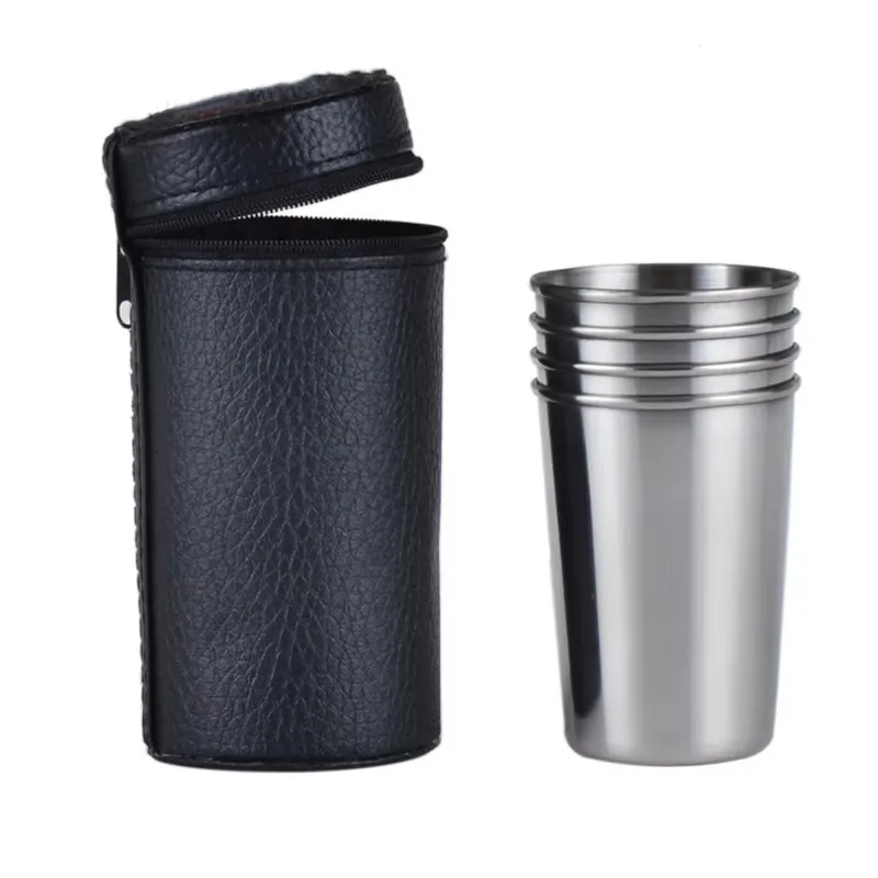 4pcs Hip Flask Cup 30ml/70ml/150ml Vodka Cup PU Holster Stainless Steel Mini Wine Tumbler Portable Personalized Shot Glass Set