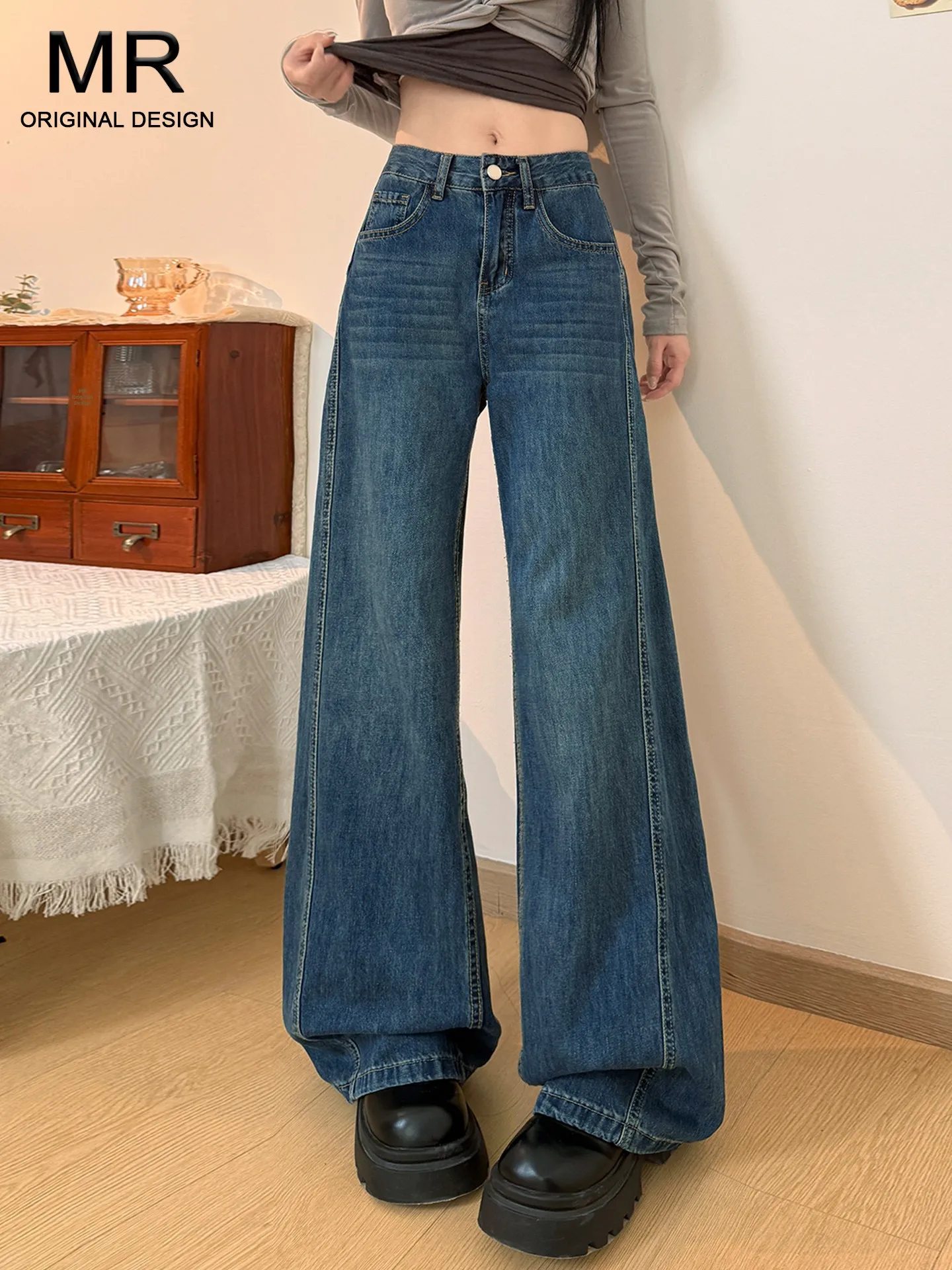 

Retro Washed Wide Leg Denim Jeans Women's Loose Straight Cut Slimming Summer New Style American Style Casual Cotton Blend
