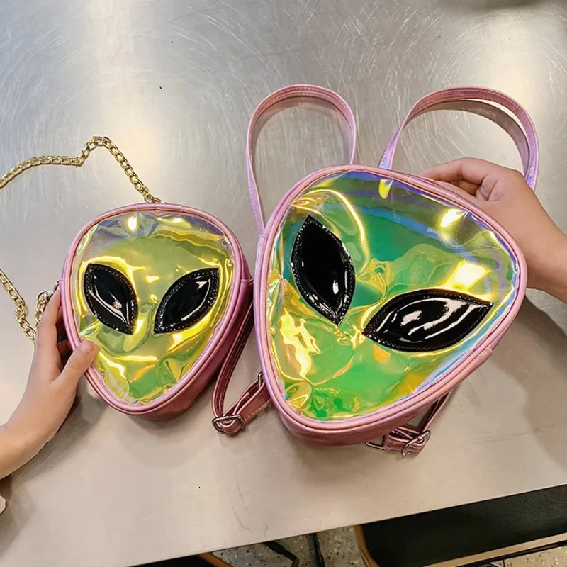

Women Mini Transparent Backpack Cute Children's Chain Shouler Bag Mochila Feminina Aliens Pattern Waterproof PVC Phone Coin Bag