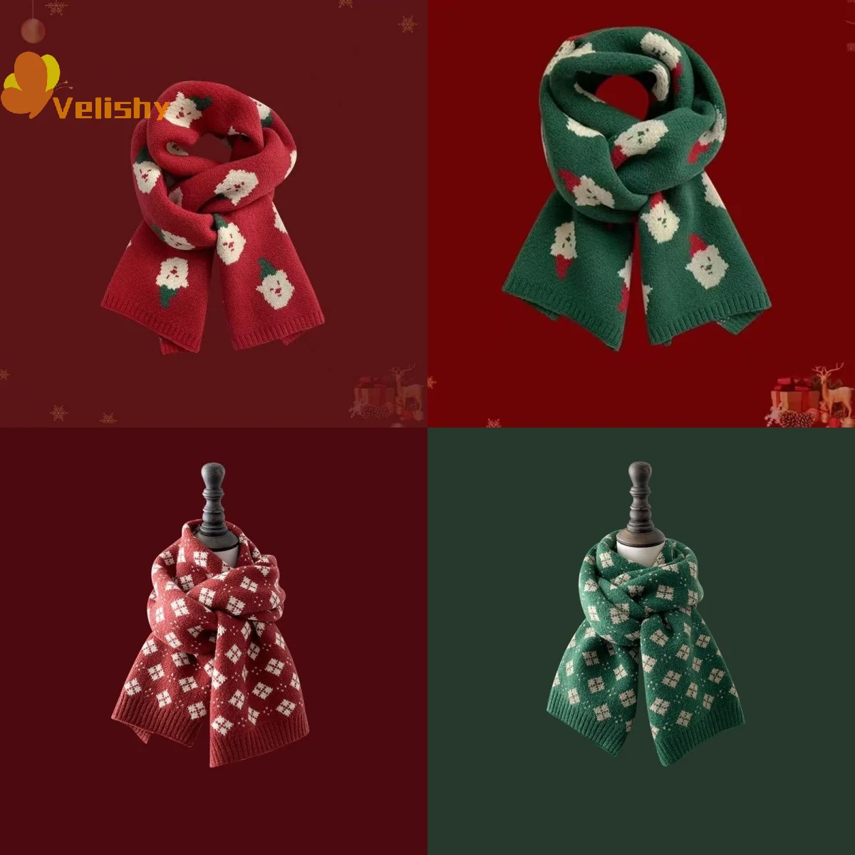 

Универсальный красный вязаный шарф для рождественской елки, женские одинаковые рождественские подарки, осенне-зимний теплый шарф для защиты шеи, зеленый шарф