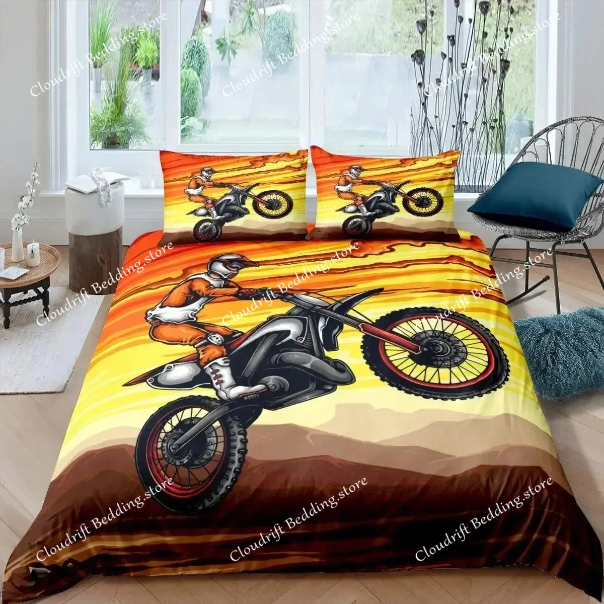 3D Print Motocross Rider Duvet Cover Set Microfiber Red Black Dirt Bike Extreme Sports Theme Motorcycle Pattern Bedding Set