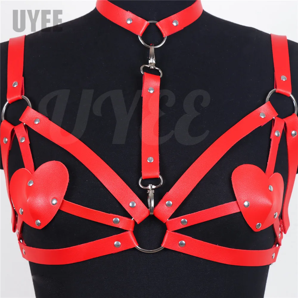 UYEE Sexy Women Harness Bra Red PU Leather Heart Chest Patch Rave Outfit Erotic Chest Bondage Lingerie Gothic Body Cage Bdsm Top