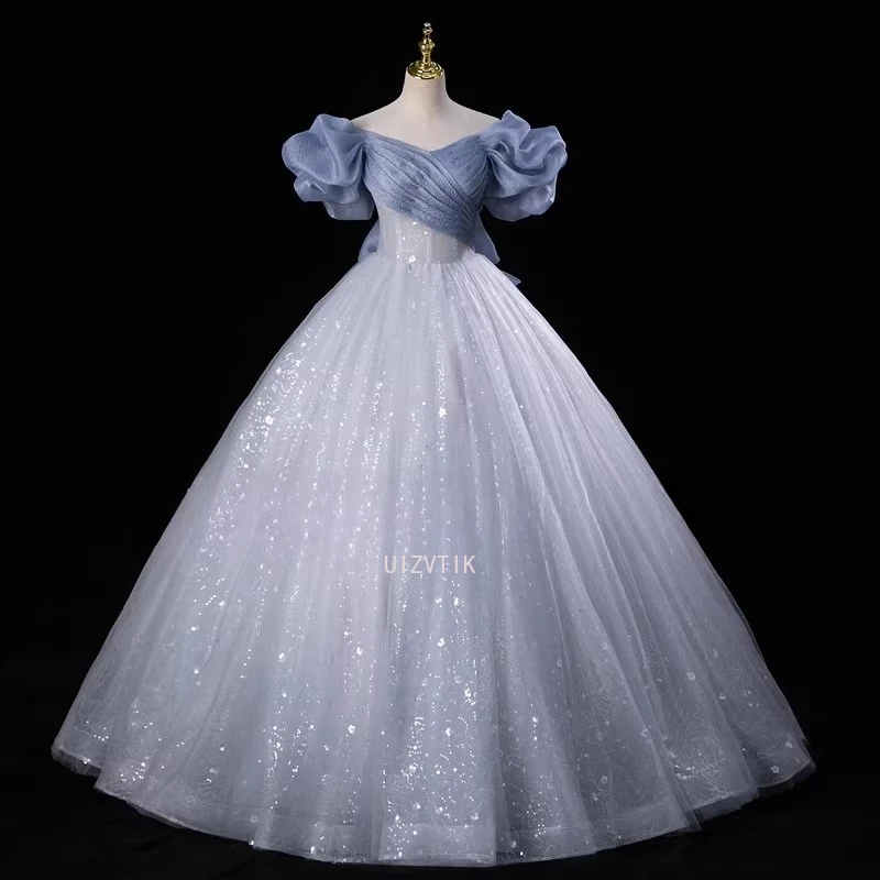 

Princess Luxury Crystal Prom Dress Blue Glitter Puff Sleeves A Line Banquet Party Dresses Women vestidos para eventos especiales