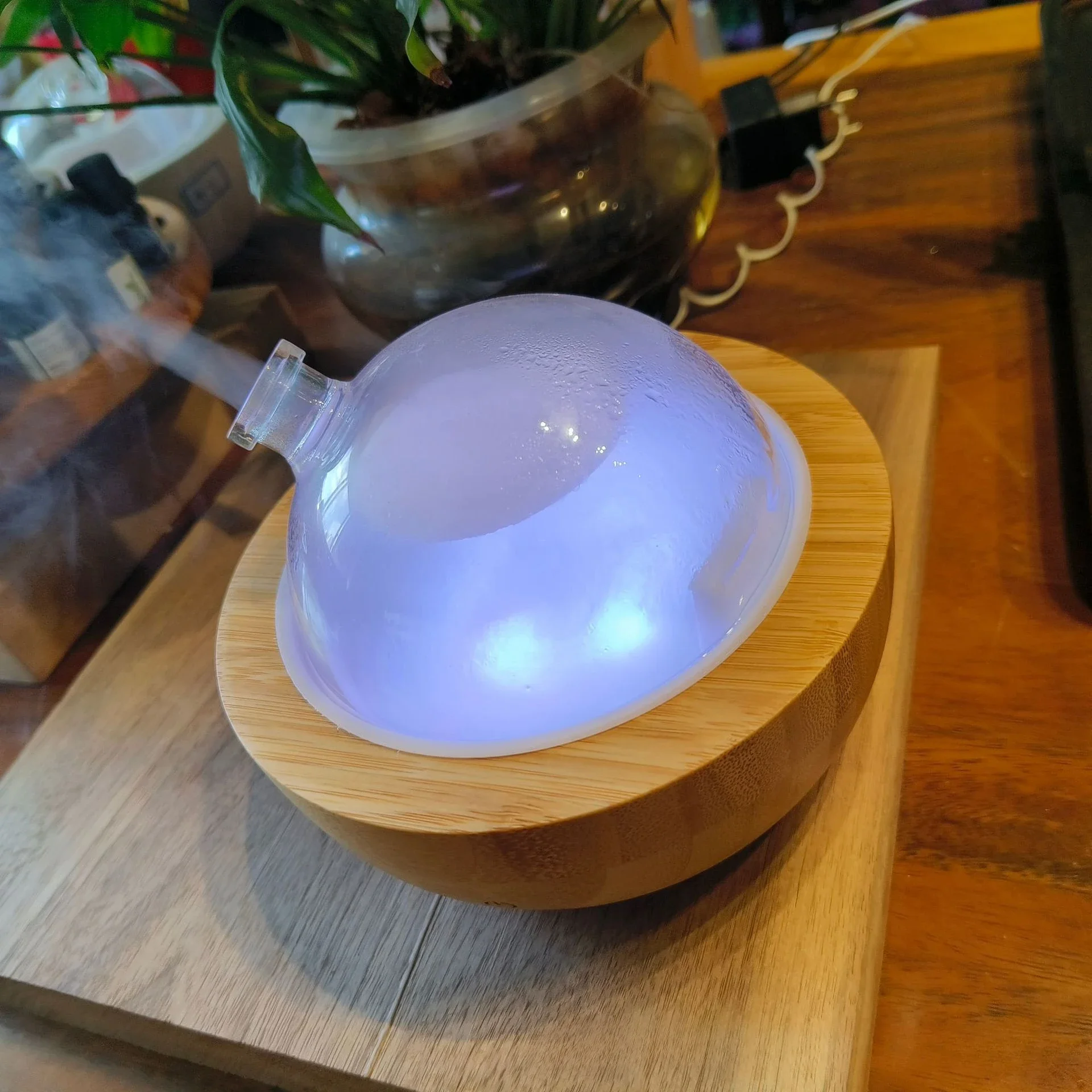 Glass Essential Oil Diffuser with Real Wood Base, 200ml Ultrasonic Aromatherapy Diffuser, Glass Dome Humidifier, LED Light Avail