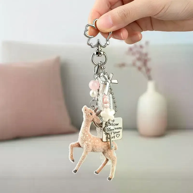 Cute Flocked Deer Keychain With Pearl Beads And Inspirational Tag Perfect For Backpack Purse Decoration And Gifting