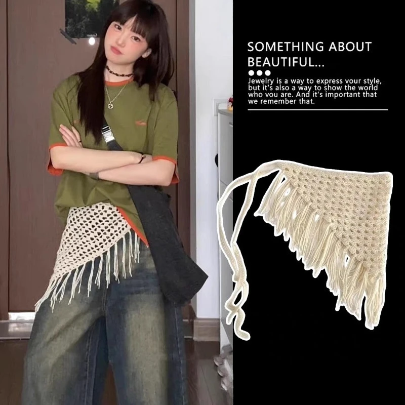 

Knitted Fringe Triangular Head Scarf Reversible Waist Belt Skirt Flap for Dress Women Layering Premium Lightweight Breathable