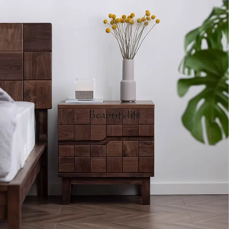

Black walnut Nordic light luxury log bedside table solid wood locker square