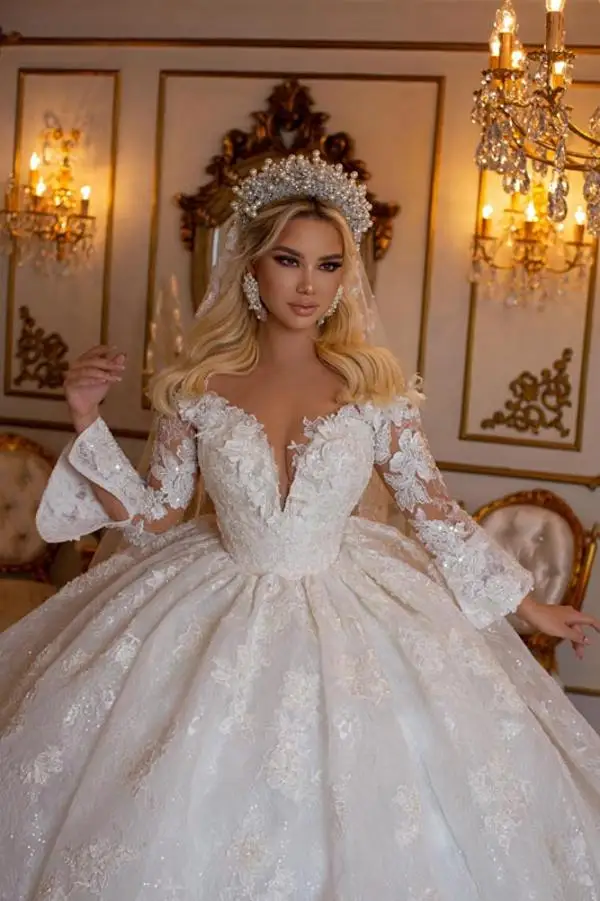 EVLAST Long Sleeve Wedding Dress 2024 Shiny Beaded Appliqued Lace Ball Gown Princess Bride Gown Plus Size Vestido de Noiva TBD01