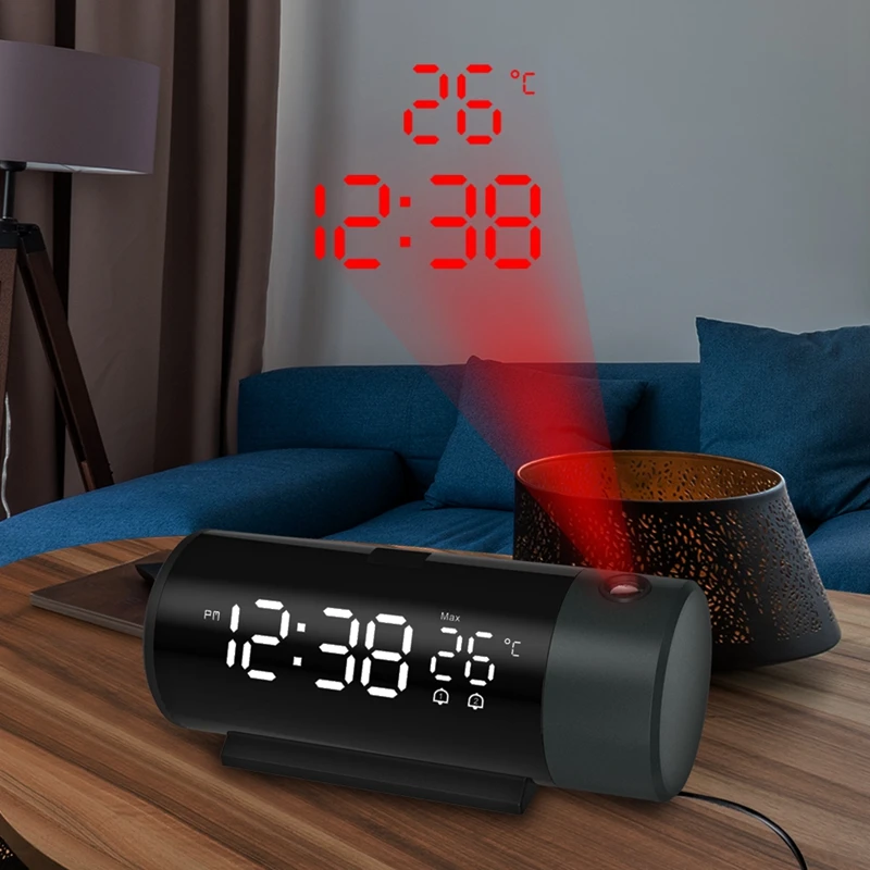 

Digital Dual Alarm Clock LED Projector Thermometer Desk Bedroom Bedside 180° Rotation Projection Snooze Clocks USB Phone Charge