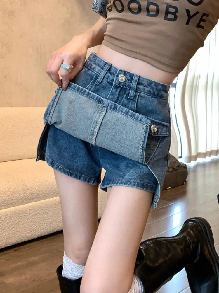 Spliced Shorts Women Above Knee Vent Hotsweet Y2K Denim Summer Streetwear Stylish Aesthetic Solid Temperament Advanced Retro Ins