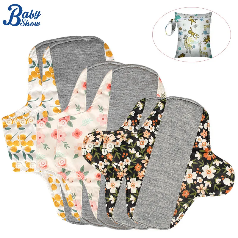 6pcs Reusable Menstrual Pads Anti-slip Design Keep in Place Washable Sanitary Pad with 1pc Wet Bag Different Period Relief Care