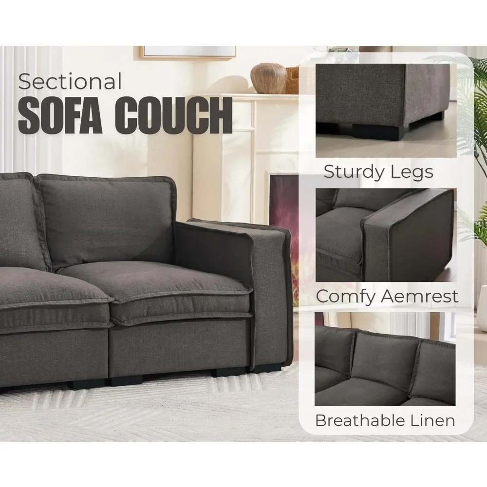 Sofá seccional tapizado de tela de lino cómodo y moderno de 93 pulgadas, 3 plazas, sofá nube con asiento profundo de 24" para sala de estar