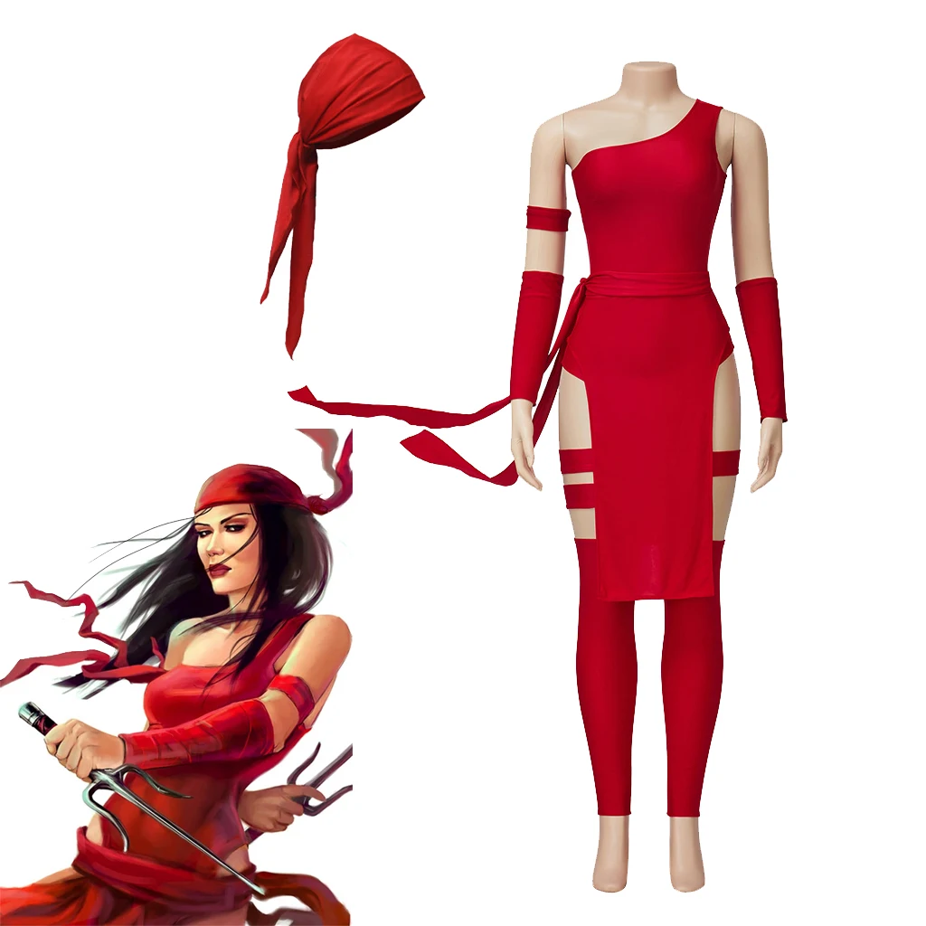 Women Elektra Natchios Cosplay Costume Sexy Red Fighting Dress With Bandana Superhero Elektra Costume Outfits For Halloween